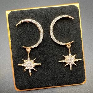 Celestial Drop Earrings Gold Tone Moon Star 925 Silver Posts Crystal Whimsical